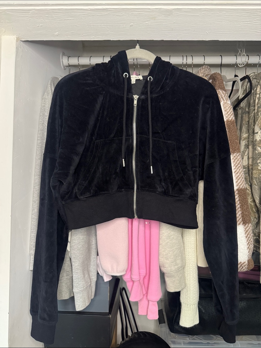 Cropped Black Velvet Zip-Up Hoodie Jacket